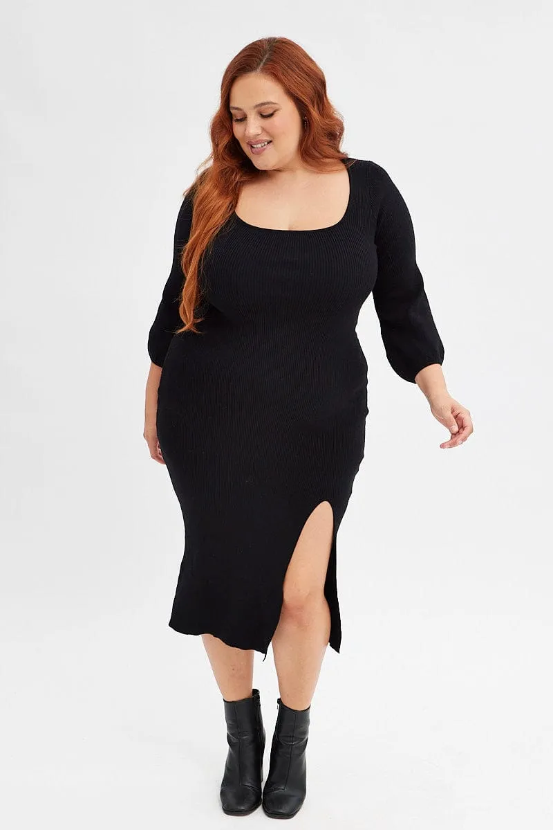 Black Midi Dress Long Balloon Sleeve Sexy Split Knit Vibrant Spirit Comfy and Chic