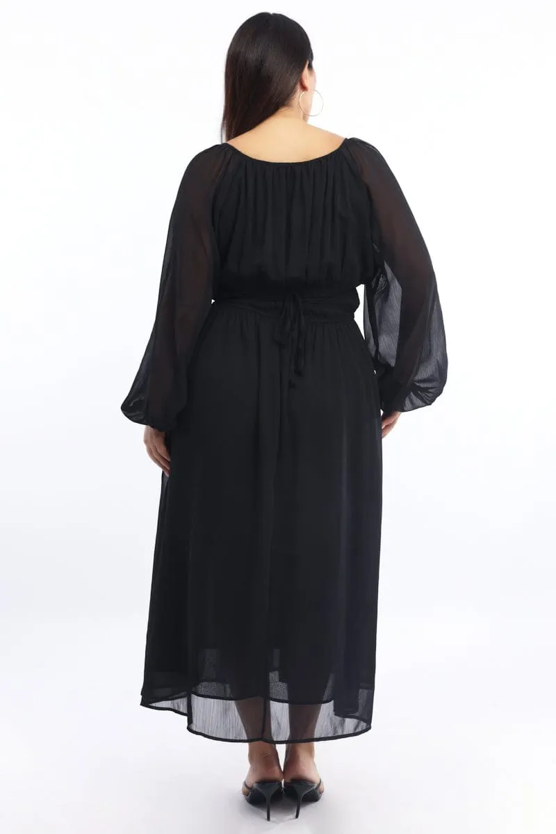 Black Midi Dress Long Sleeve Chiffon Fashionable Cut Chic and Cozy Wear
