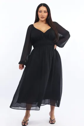 Black Midi Dress Long Sleeve Chiffon Breathable fabric