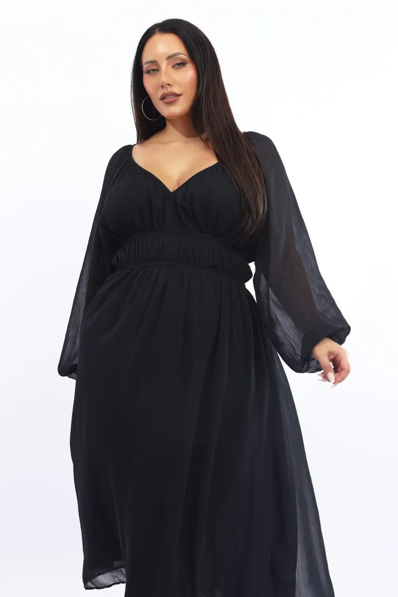 Tailored Mood Black Midi Dress Long Sleeve Chiffon