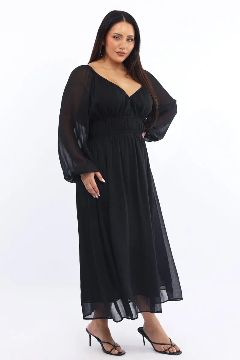 Basic Warm Polite Color Black Midi Dress Long Sleeve Chiffon