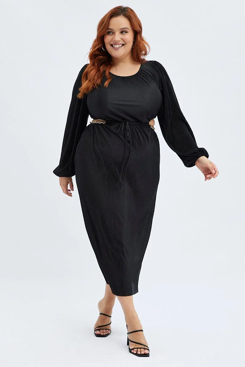 Smart Fit Black Midi Dress Long Sleeve Cut Out Plisse