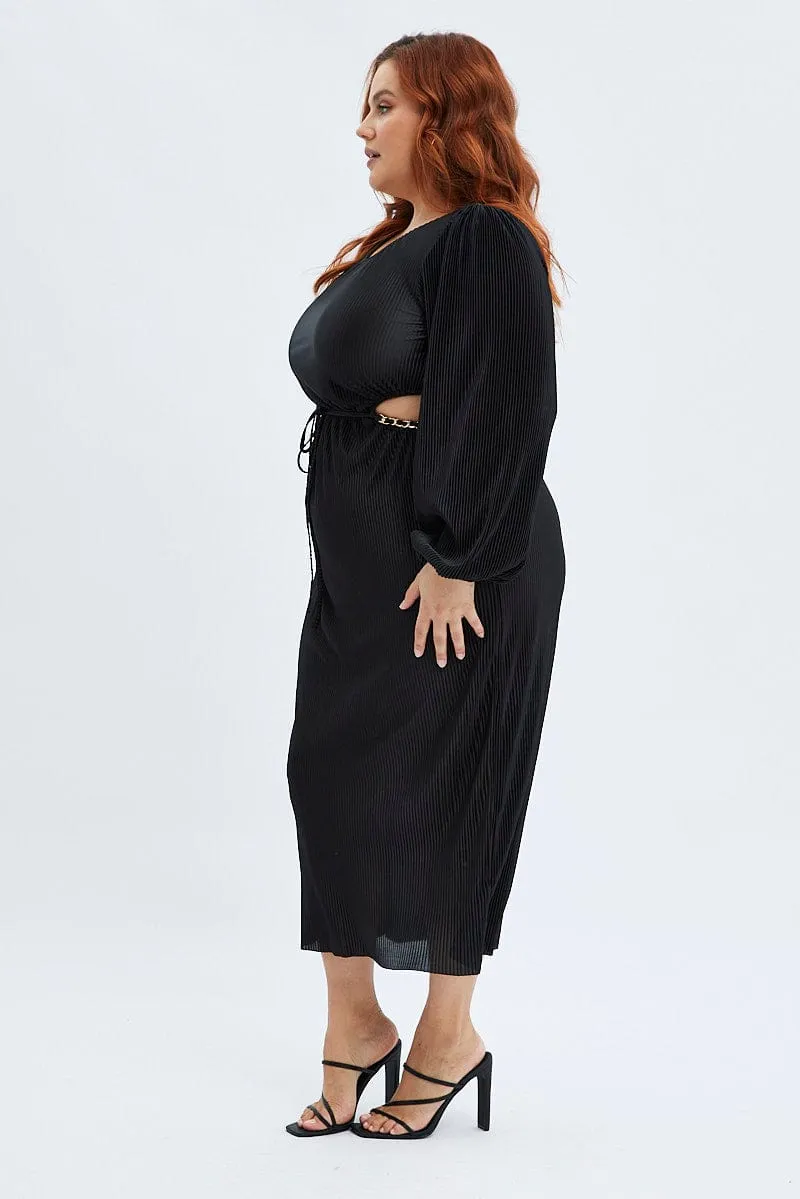 Black Midi Dress Long Sleeve Cut Out Plisse Sage Glow Lounge Vibe