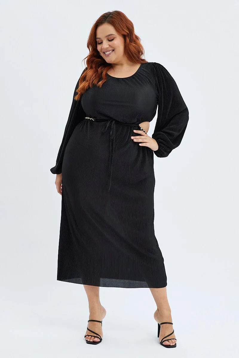 Black Midi Dress Long Sleeve Cut Out Plisse velvet feel