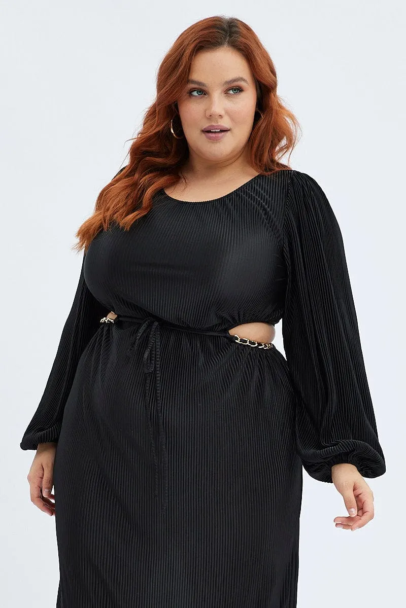 Soft Layers Office Smart Black Midi Dress Long Sleeve Cut Out Plisse