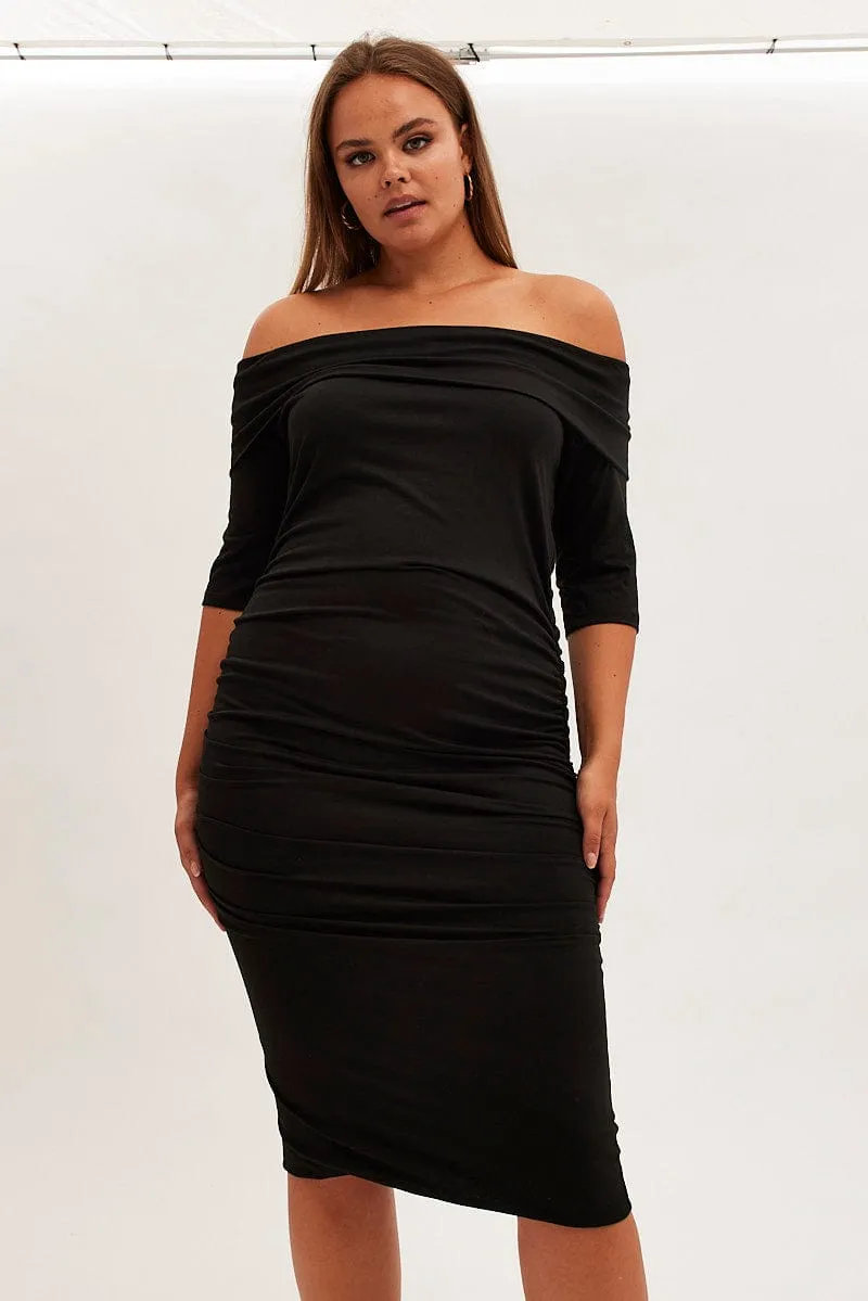 Black Midi Dress Off Shoulder Bodycon Jersey Smart Texture Calm Lines