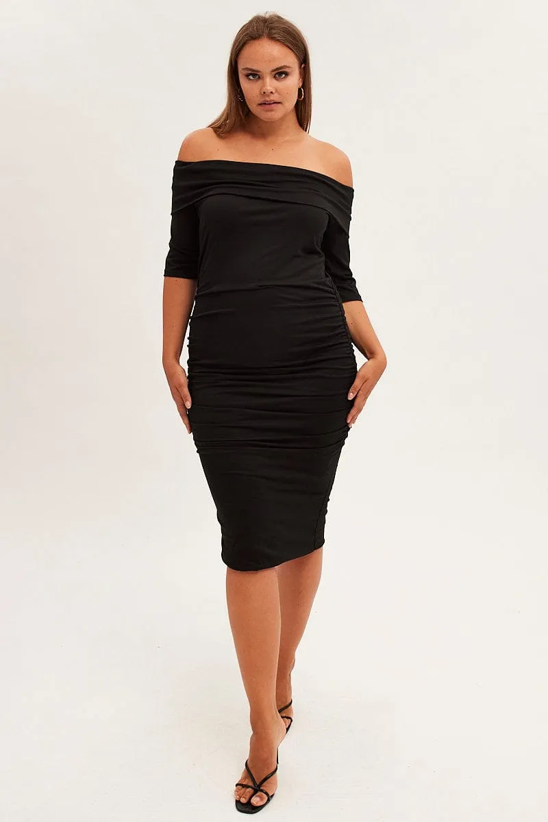 Sleek Motion Black Midi Dress Off Shoulder Bodycon Jersey