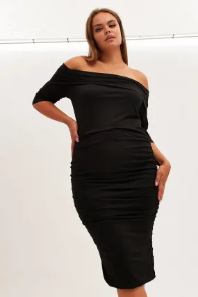 Lounge Outfit Black Midi Dress Off Shoulder Bodycon Jersey