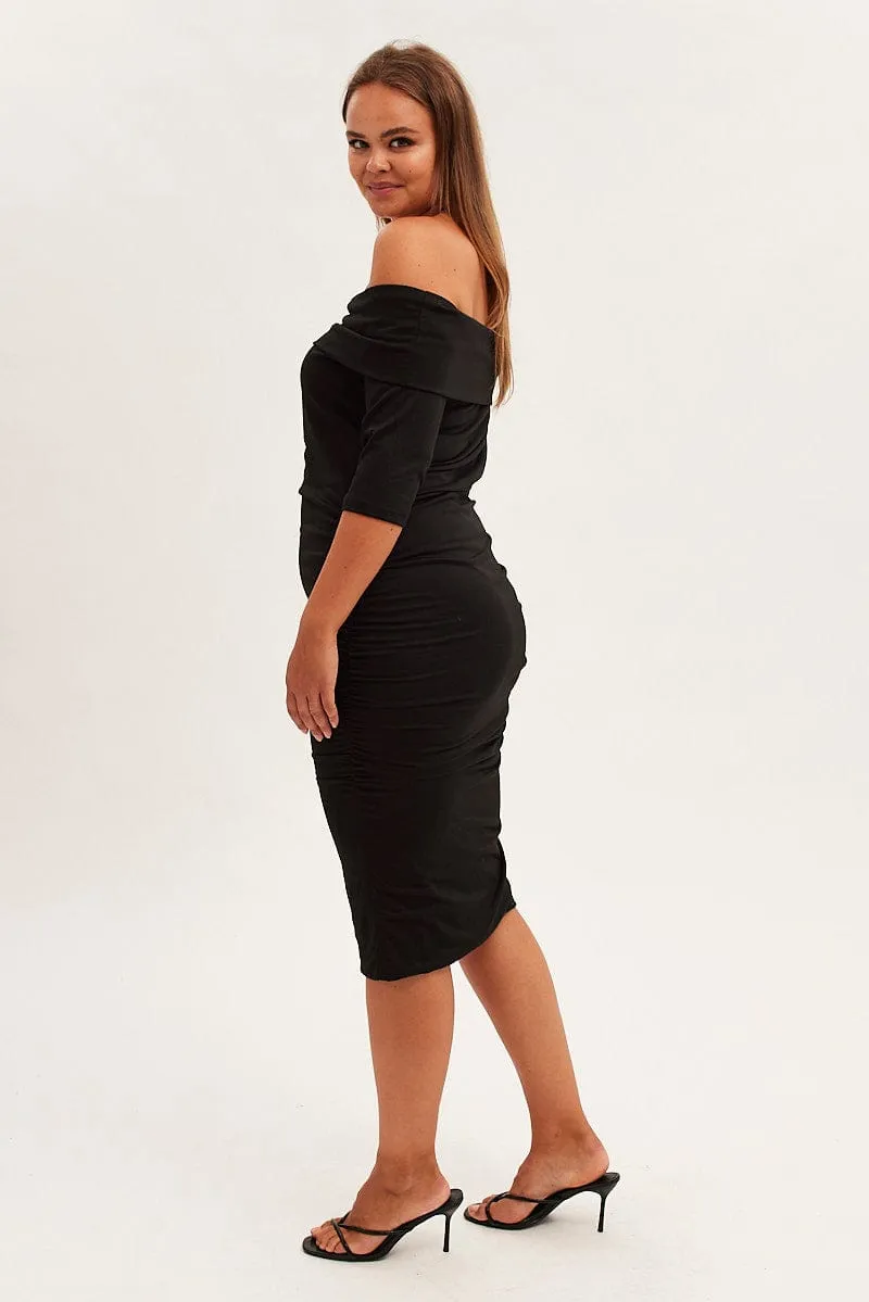 Black Midi Dress Off Shoulder Bodycon Jersey Modern and Feminine Smile Feel