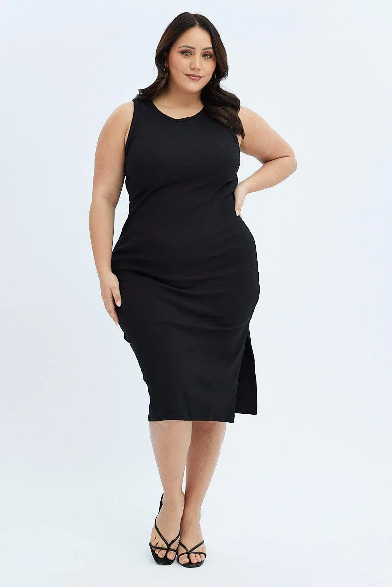 Chic Motion Black Midi Dress Rib Jersey Fitted Sleeveless