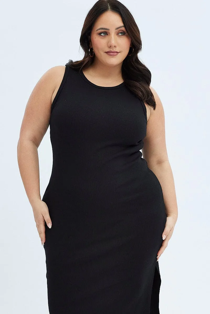 Dew Tone Black Midi Dress Rib Jersey Fitted Sleeveless