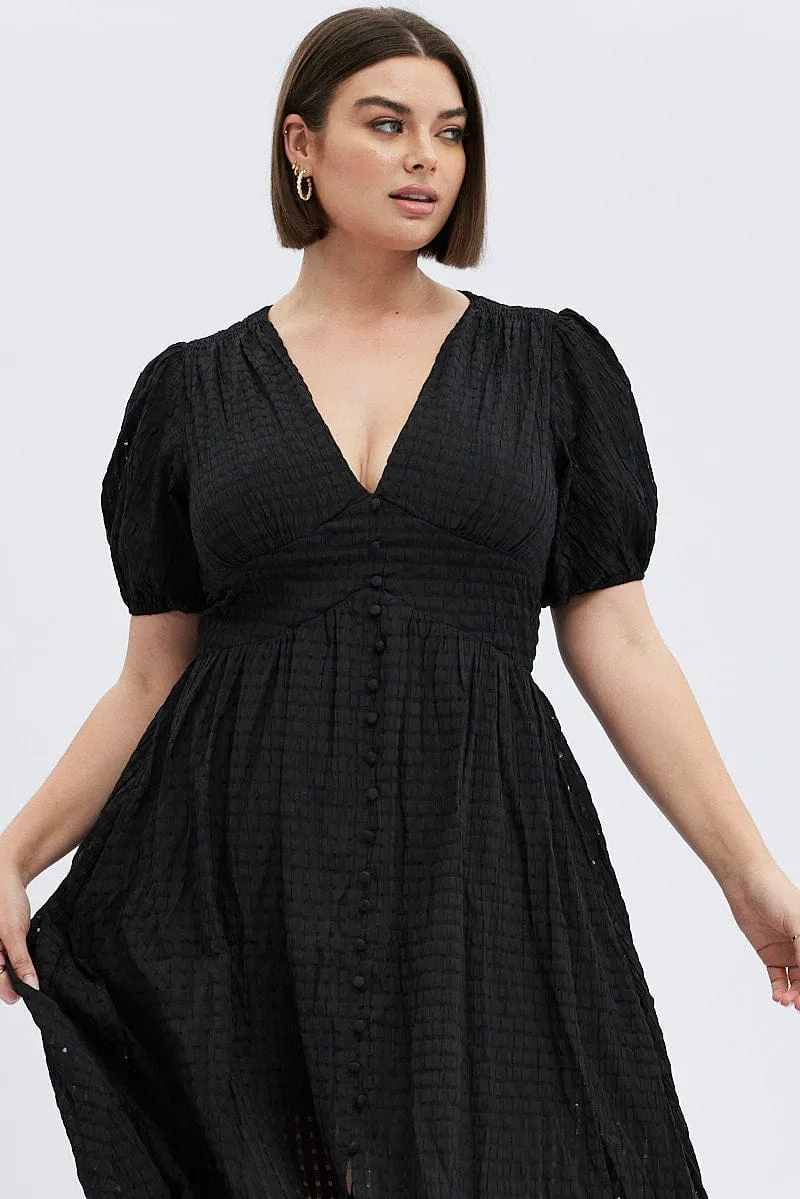 Black Midi Dress Short Puff Sleeve Applique-Detail