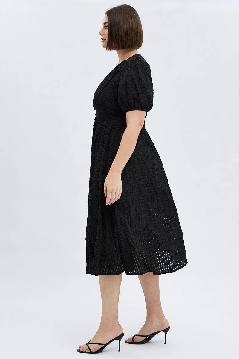 Black Midi Dress Short Puff Sleeve Day Glow Modern Fit