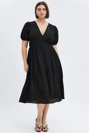 Romantic Mood Black Midi Dress Short Puff Sleeve