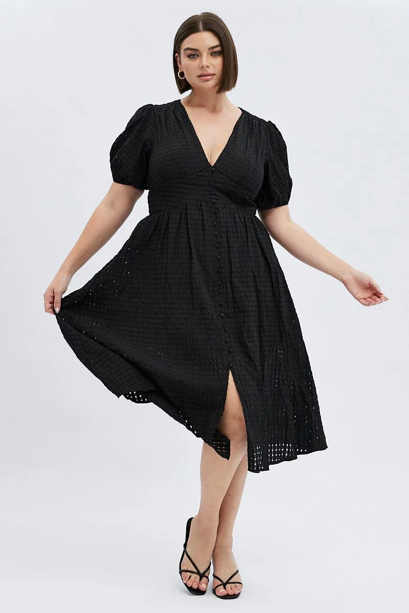 Effortless Comfort Black Midi Dress Short Puff Sleeve
