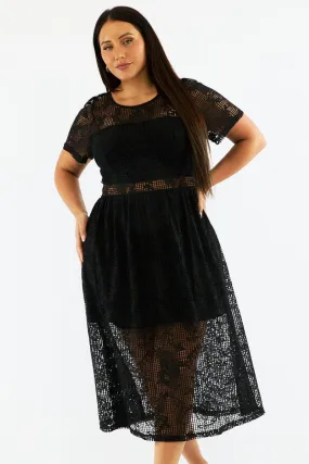 Bright Mood Black Midi Dress Short Sleeve Lace