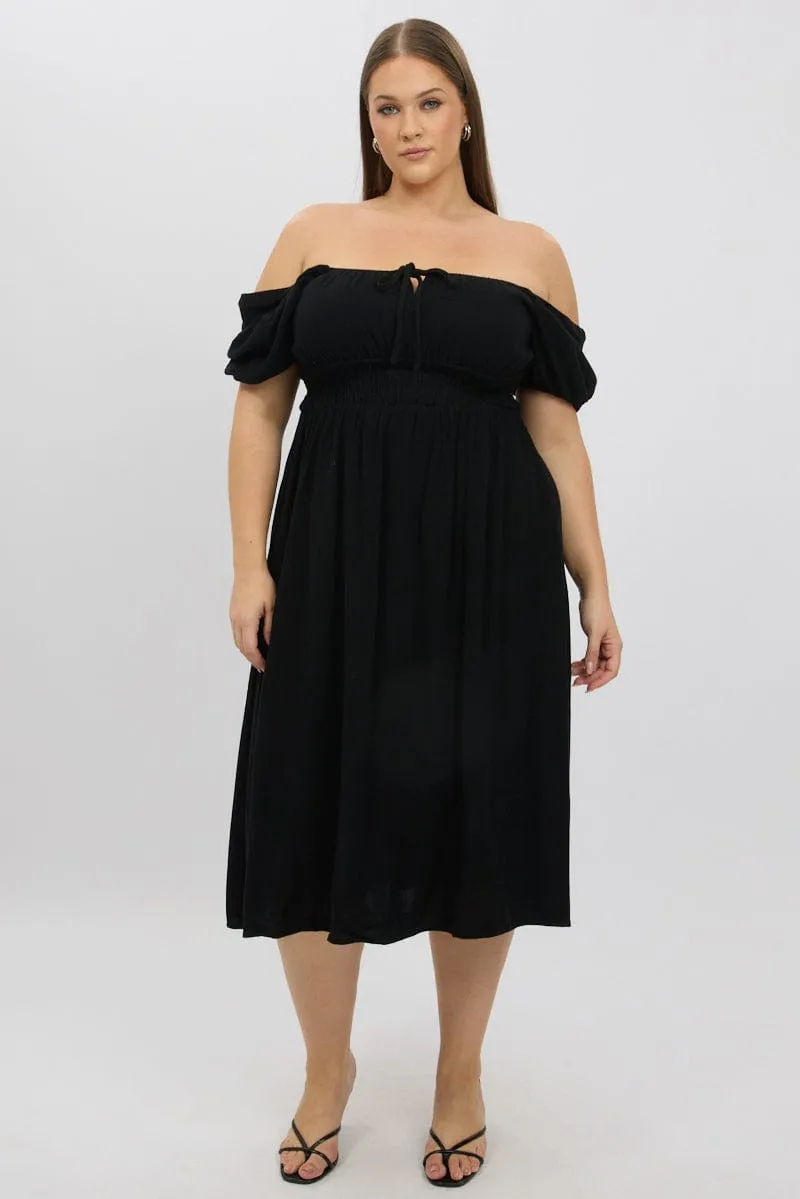 classic waist Urban Feel Black Midi Dress Short Sleeve Ruched Bust Linen Blend