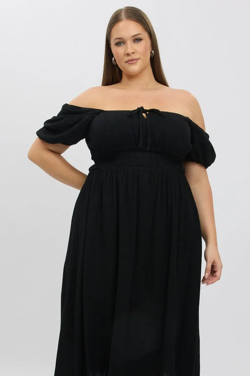 Velvet-Sleeve Black Midi Dress Short Sleeve Ruched Bust Linen Blend