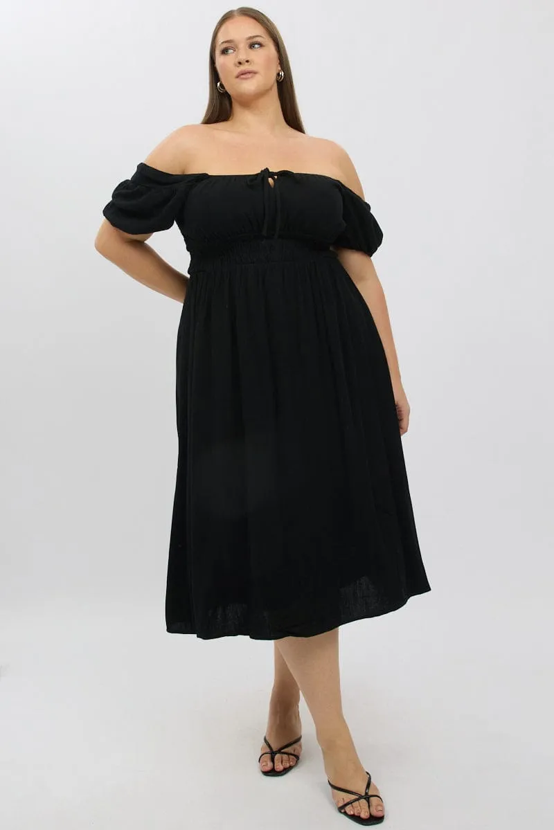 Feminine off-the-shoulder gown Black Midi Dress Short Sleeve Ruched Bust Linen Blend