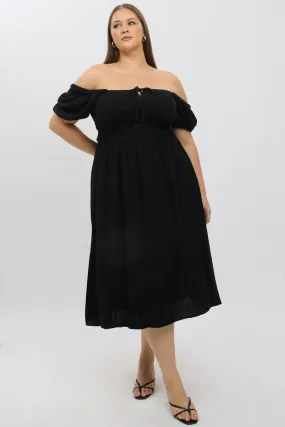 Feminine off-the-shoulder gown Black Midi Dress Short Sleeve Ruched Bust Linen Blend