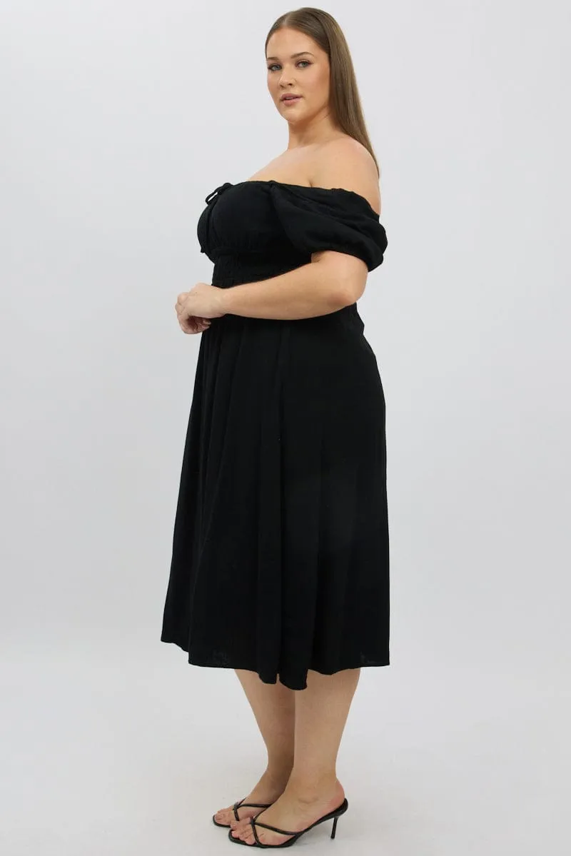 Daily Style Black Midi Dress Short Sleeve Ruched Bust Linen Blend