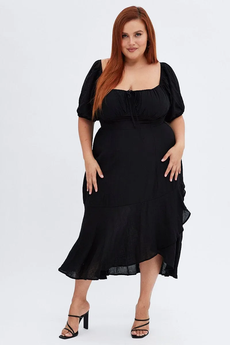 Black Midi Dress Short Sleeve Ruffle Ruched Bust Trendy Silhouette Versatile and Comfortable