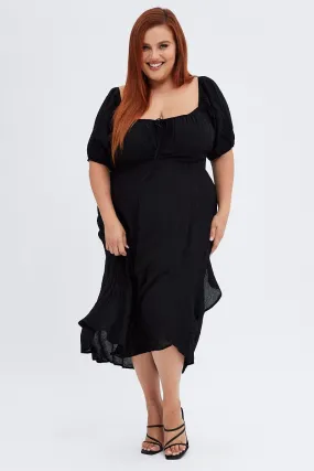 Black Midi Dress Short Sleeve Ruffle Ruched Bust Feminine Details Go To Wear