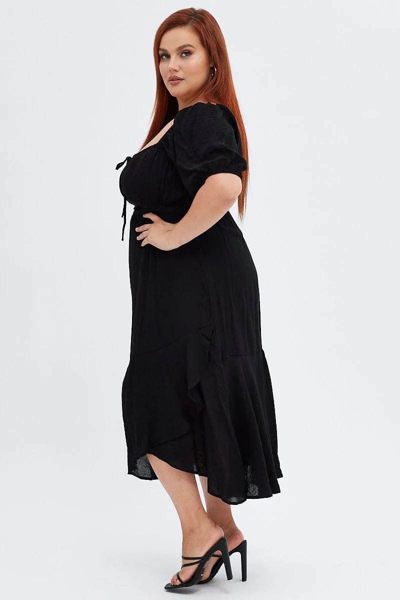 Timeless office dress Contemporary Design Black Midi Dress Short Sleeve Ruffle Ruched Bust