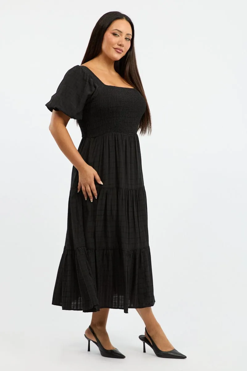 Black Midi Dress Short Sleeve Shirred Emerging-Brand