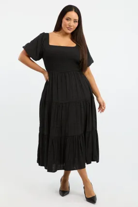 Elegant Waist Polished Mood Black Midi Dress Short Sleeve Shirred