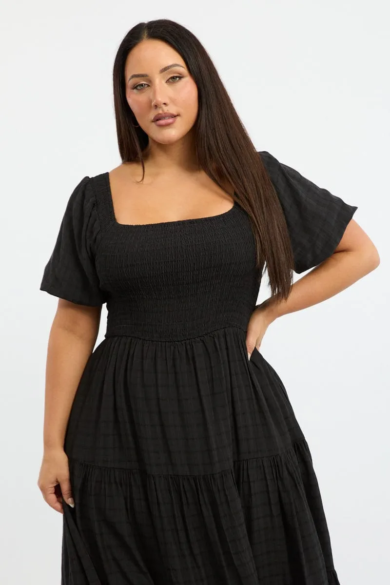 Textured Layers Flattering Comfort Wear Black Midi Dress Short Sleeve Shirred