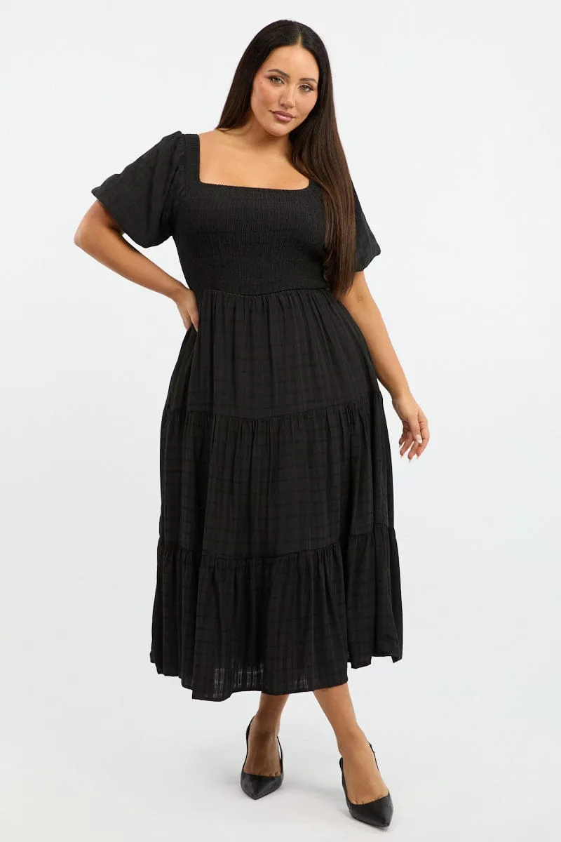 Elegant Waist Polished Mood Black Midi Dress Short Sleeve Shirred