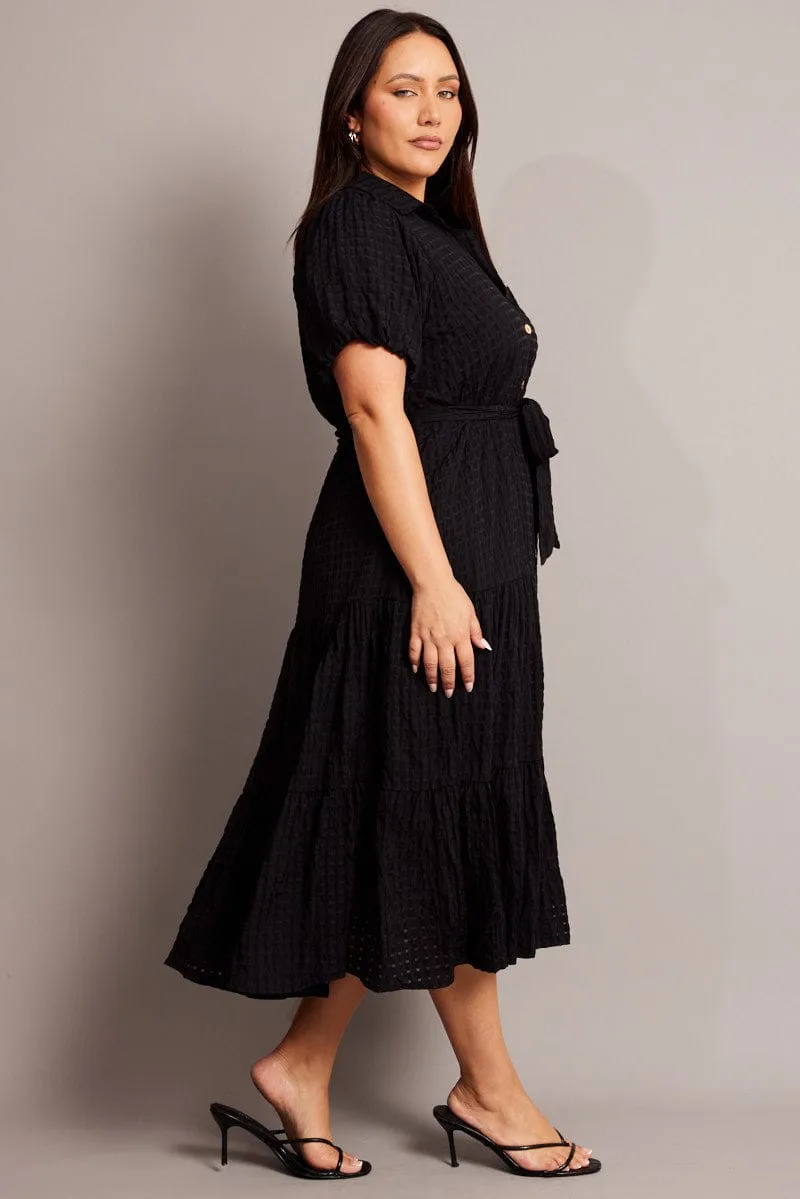 Walkable Flow Polished Design Black Midi Dress Short Sleeve Shirt