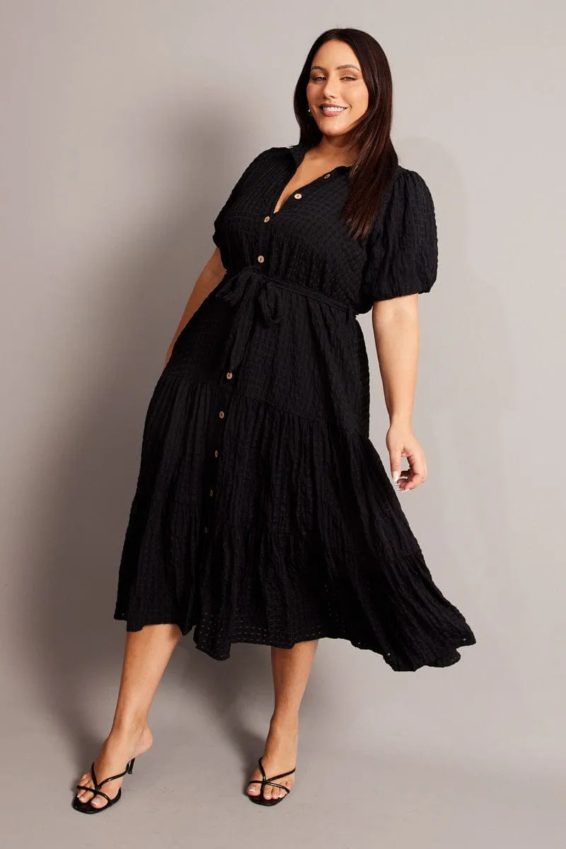 Playful Cut Lounge Vibes Black Midi Dress Short Sleeve Shirt