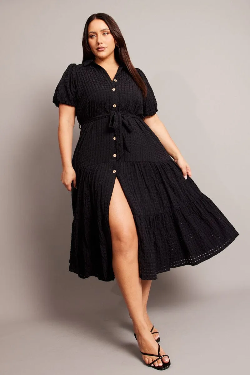 Smooth Fit Black Midi Dress Short Sleeve Shirt