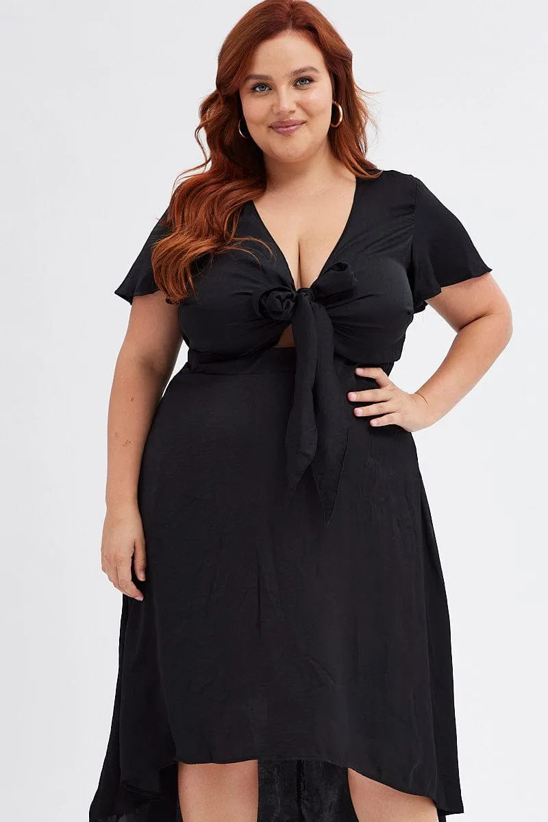 Black Midi Dress Short Sleeve Tie Back Satin Jewel Tones Versatile Layer