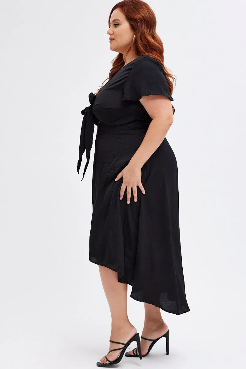 Black Midi Dress Short Sleeve Tie Back Satin Sunset Scene Comfy Look