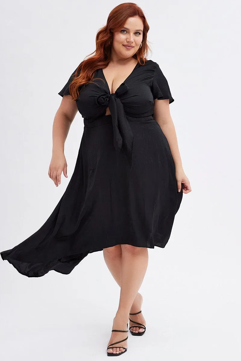 Elastic Fit breathable fabric dress Black Midi Dress Short Sleeve Tie Back Satin