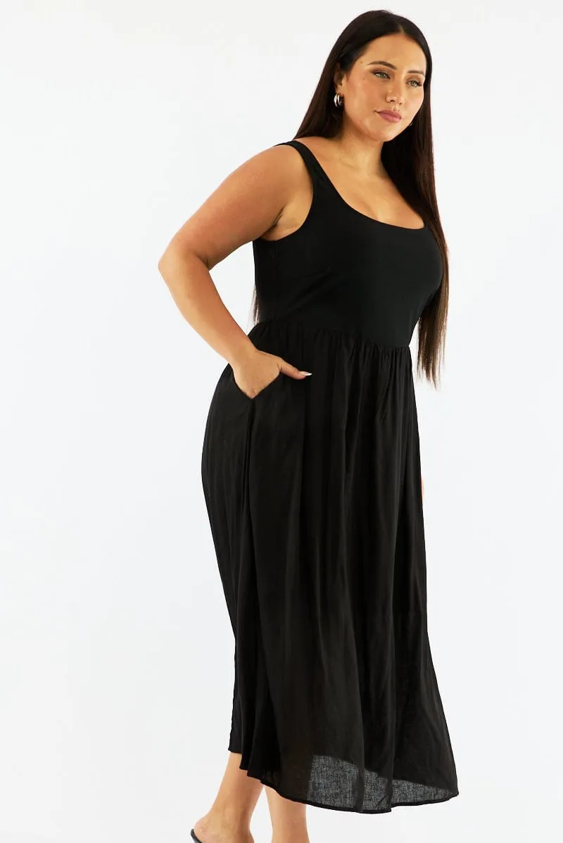 Black Midi Dress Sleeveless Scoop Neck Linen Blend Raglan-Sleeve Embroidered Fabric