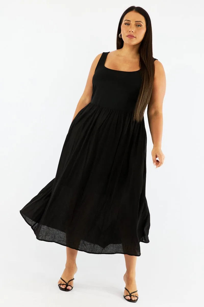 Effortless Pair Black Midi Dress Sleeveless Scoop Neck Linen Blend