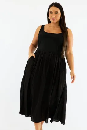 Black Midi Dress Sleeveless Scoop Neck Linen Blend Flow Friendly