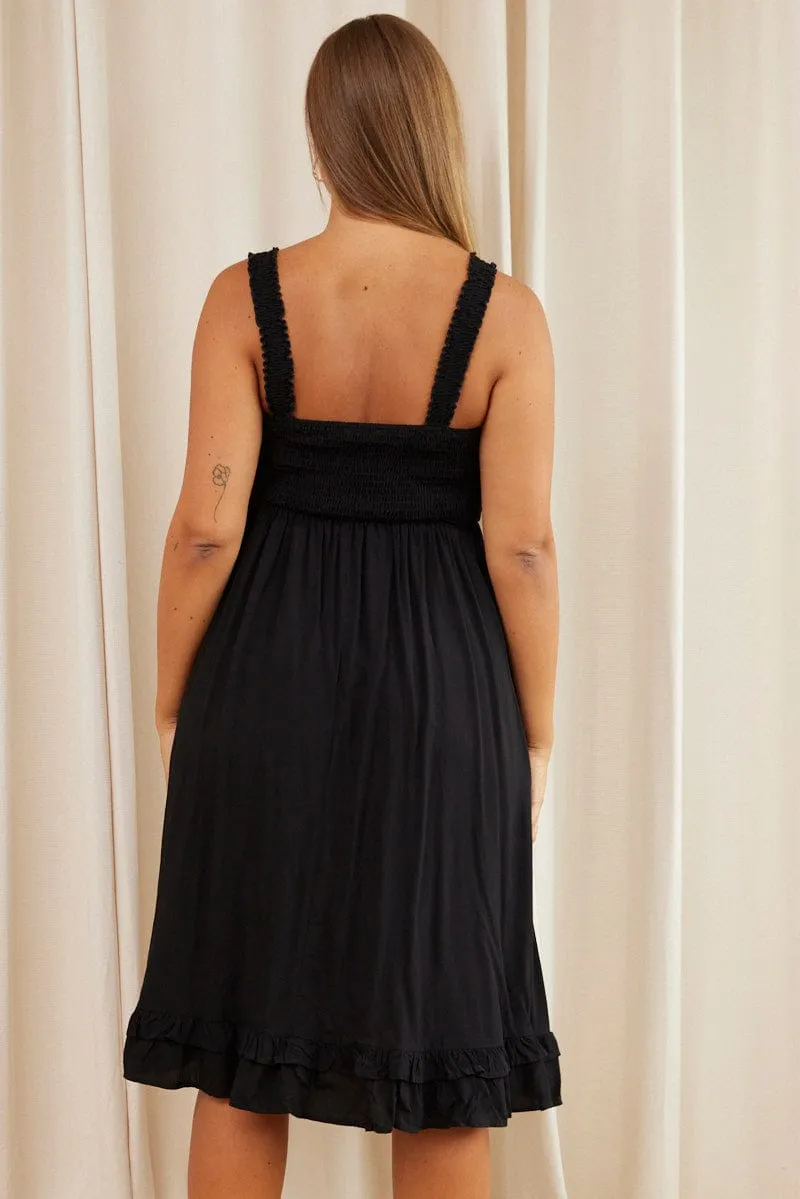 Black Midi Dress Square Neck Sleeveless Polished Design