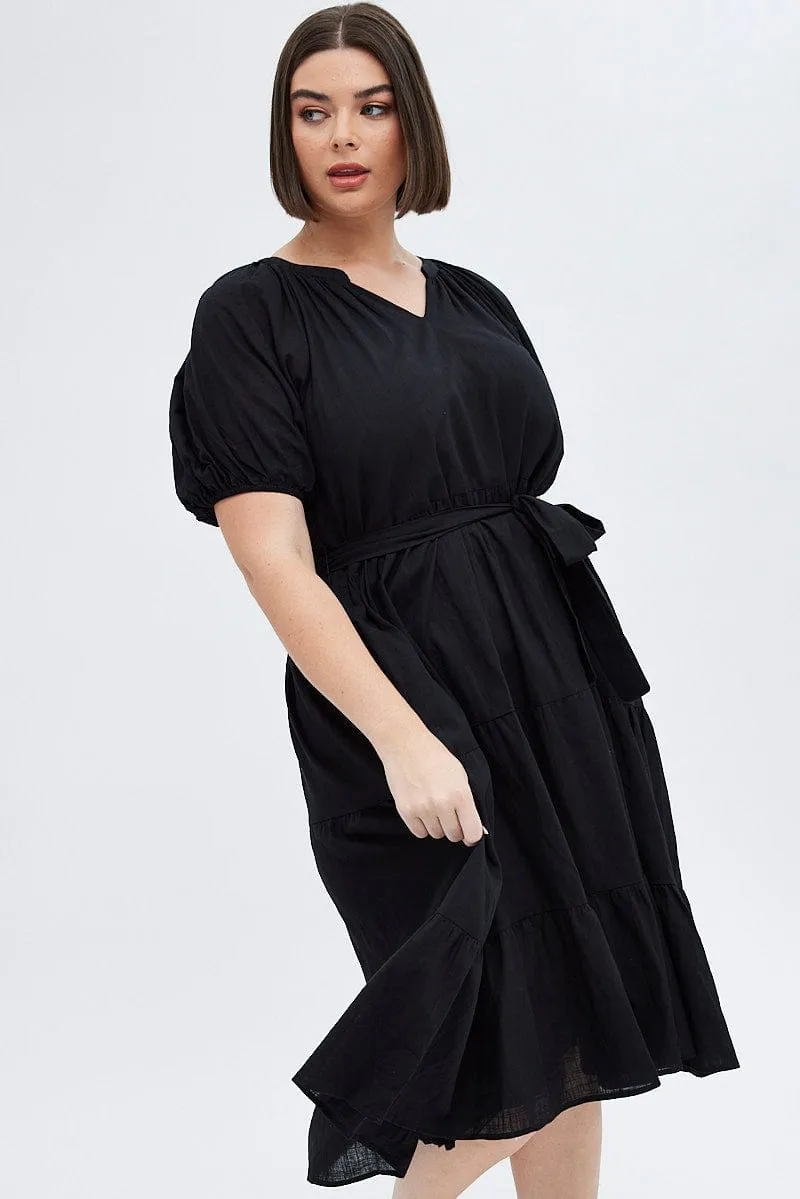 Black Midi Dress Tiered Notch Collar Belted Bust-Enhancing
