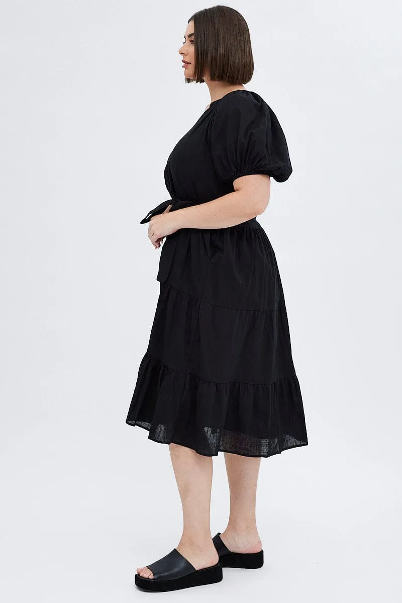 Black Midi Dress Tiered Notch Collar Belted Lounge Style Fresh Tones