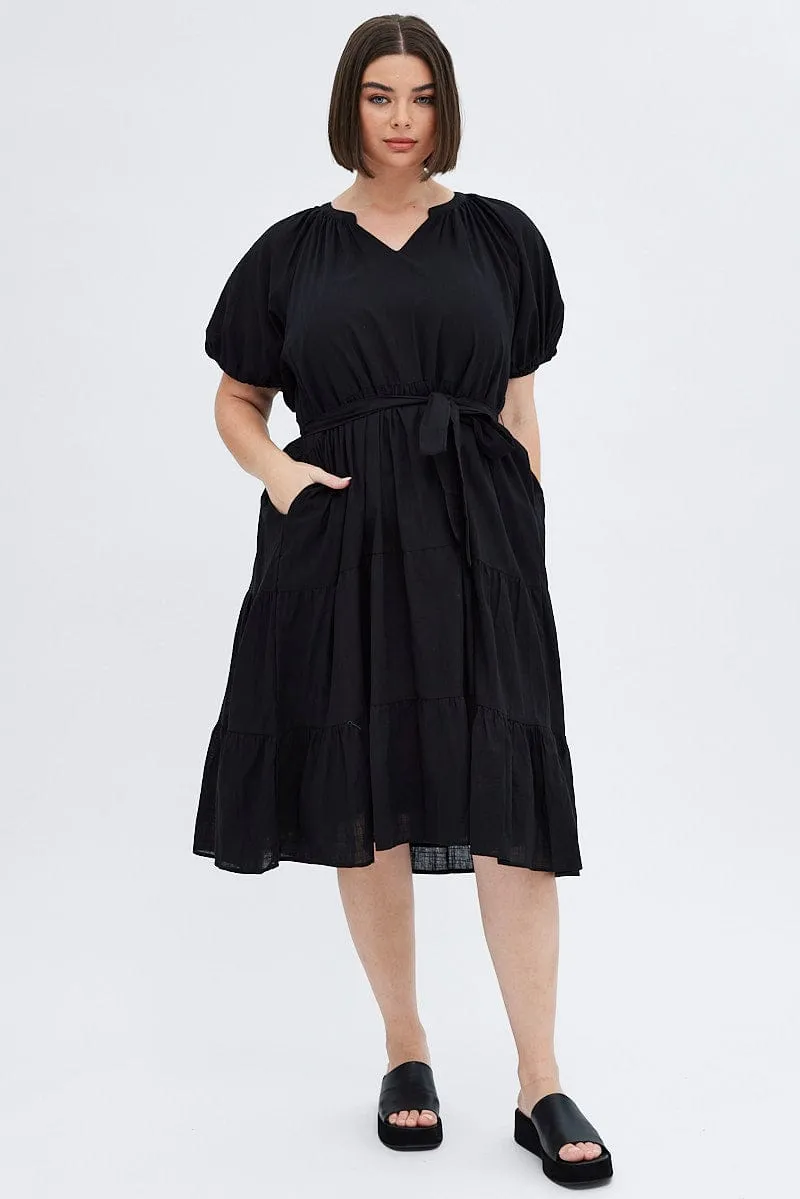 Black Midi Dress Tiered Notch Collar Belted Long Sleeve Light and Breezy