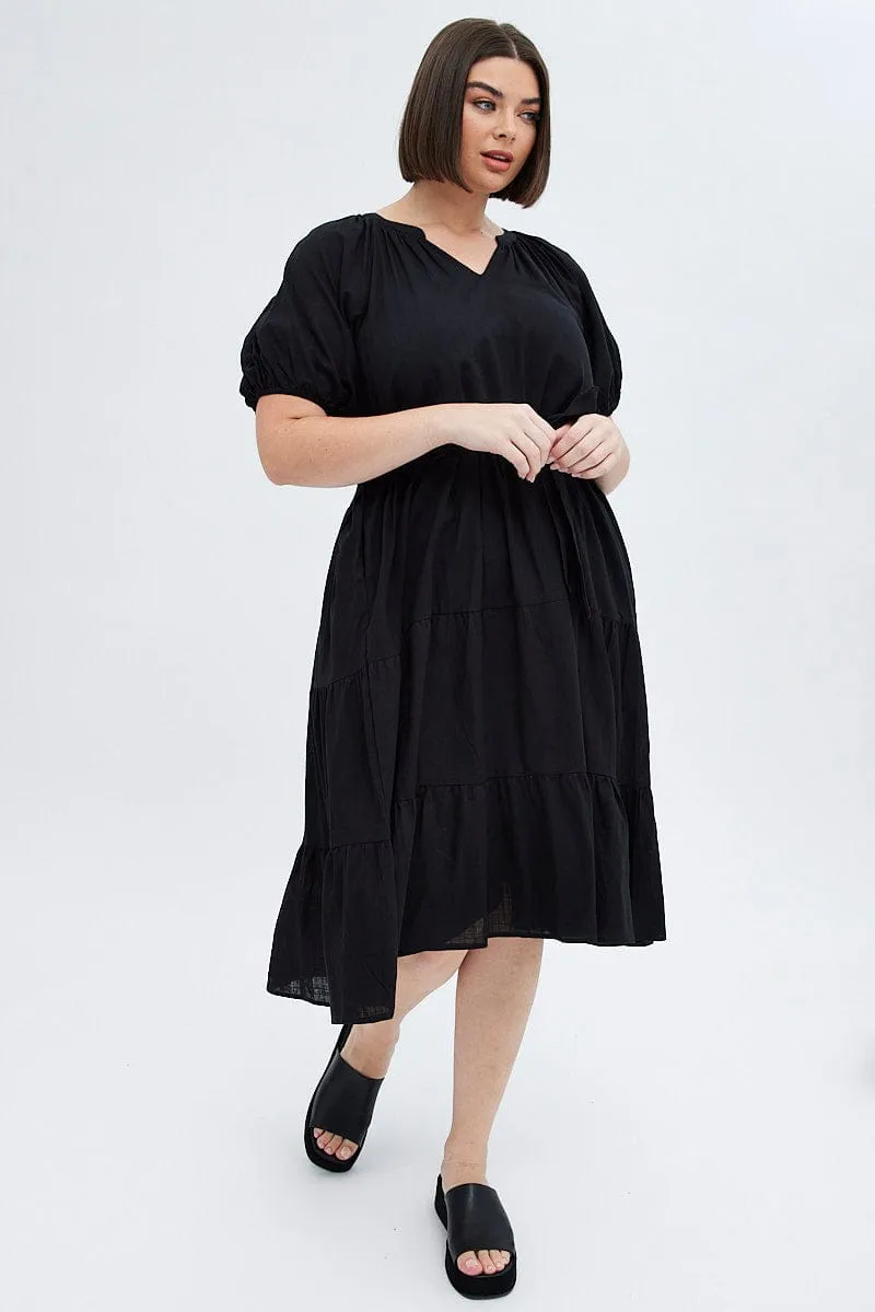 Fit Base Black Midi Dress Tiered Notch Collar Belted