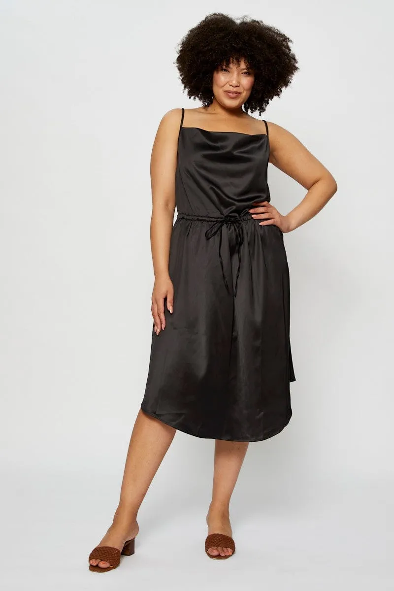 Black Midi Satin Dress Cowl Neck Sleeveless Modern Silhouette