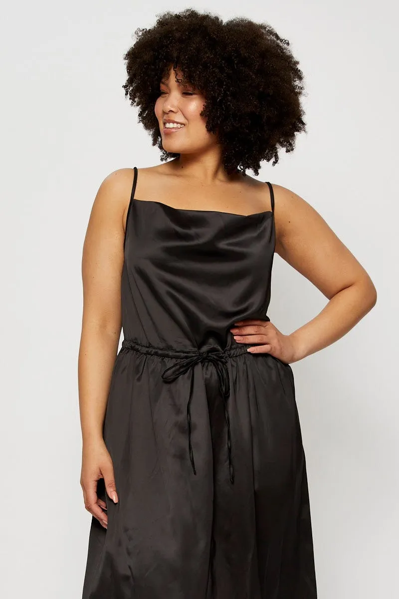 Black Midi Satin Dress Cowl Neck Sleeveless Fall Piece Bold Cut