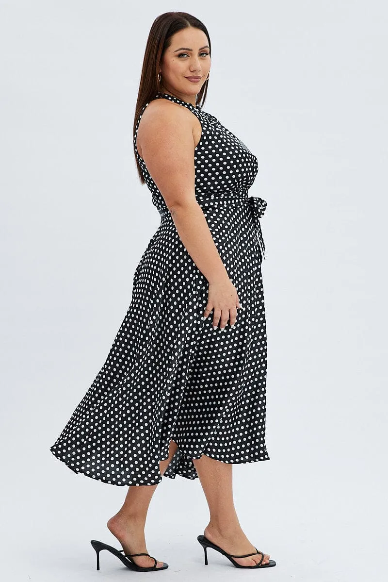 Black Polka Dot Midi Dress Sleeveless High Neck Satin Smart Waistband Design Boat-Neck