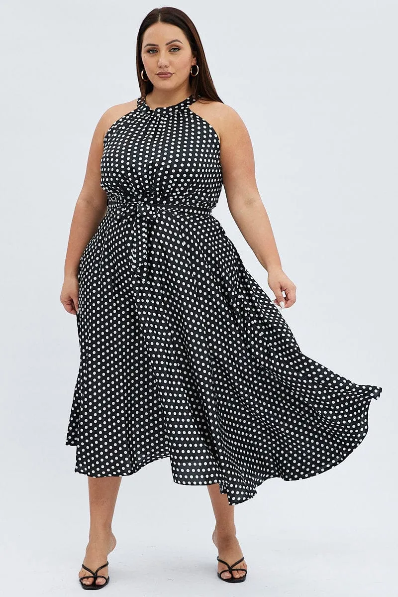 Day Outfit Black Polka Dot Midi Dress Sleeveless High Neck Satin